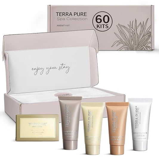 Terra Pure Spa Collection Amenity Kit | Hotel Toiletries | Bulk Set 0.85 oz Travel Size Shampoo,Conditioner, Lotion,Body Wash & Massage Bar for Guest Hospitality AirBnB/Vacation Rentals | 60 sets/case-BrightBean Baby