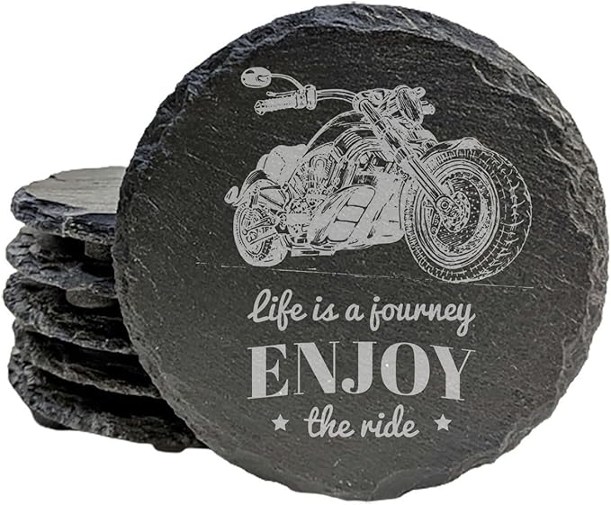 The Open Road Awaits: Motorcycle Coasters with Inspirational Quote - Round Slate - Set of 5