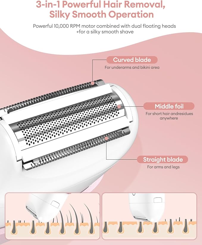 CkeyiN Electric Shaver for Women, IPX65 Waterproof Dry Wet Use Women's Electric Razor for Legs, Armpit, Bikini Public Hair Trimmer with Detachable Head, Cordless/Portable/Rechargeable Foil Shaver-BrightBean Baby