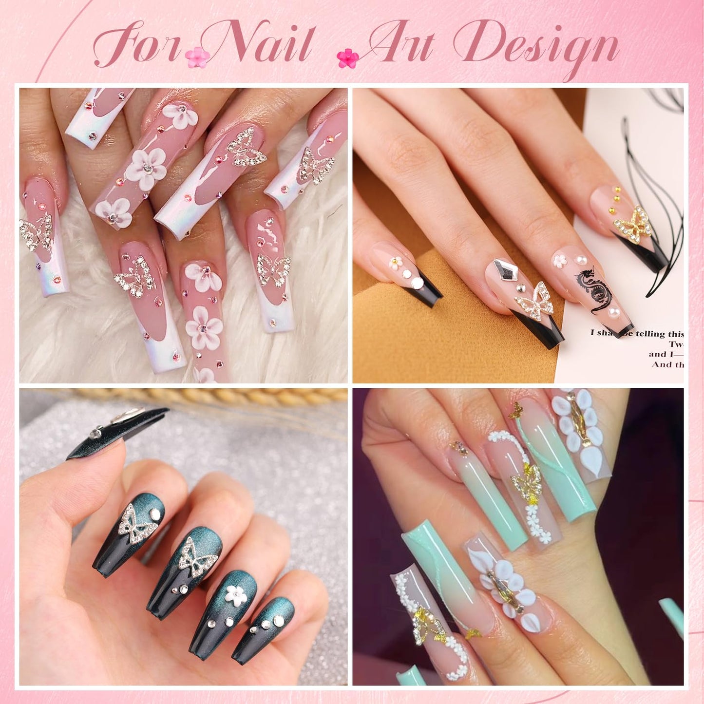 3D Nail Charms and Gems Set 4 with Rhinestone Glue, 20PCS Gold and Silver Chunky Butterfly Nail Charms, 3D Flowers for Nails, Crystal and Pearls + Metal Caviar Beads + Picker Tool for Y2K Nail Decor-BrightBean Baby