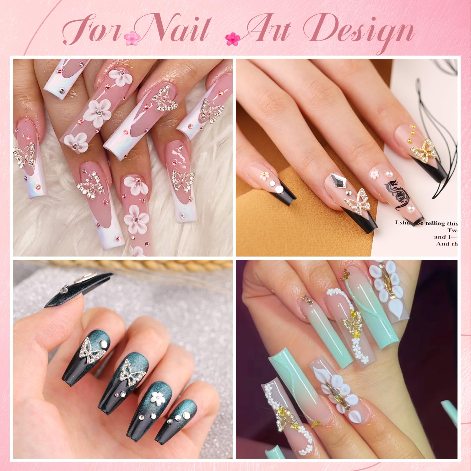 3D Nail Charms and Gems Set 4 with Rhinestone Glue, 20PCS Gold and Silver Chunky Butterfly Nail Charms, 3D Flowers for Nails, Crystal and Pearls + Metal Caviar Beads + Picker Tool for Y2K Nail Decor-BrightBean Baby