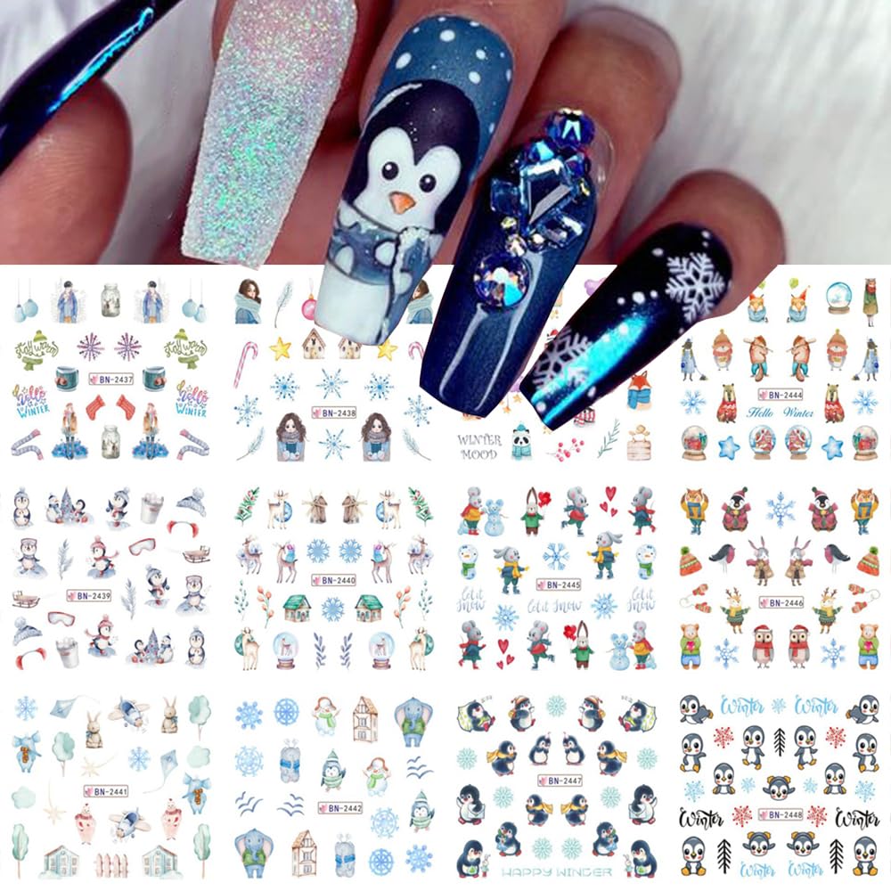 Snowflake Nail Art Stickers Decals Christmas Decorations - 12 Sheets Winter Snowman Elk Penguin Bear Design Water Transfer Slider Foils Supplies for Women DIY Acrylic-BrightBean Baby