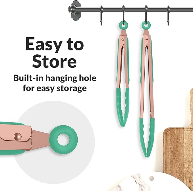 Zulay Stainless Steel Kitchen Tongs with Silicone Tips - Set of 2 (9” & 12”) Locking Cooking Tongs with Non-Slip Grip - Heat Resistant, BBQ Food Tongs for Non-Stick Cooking Pans (Rose Gold/Mint)