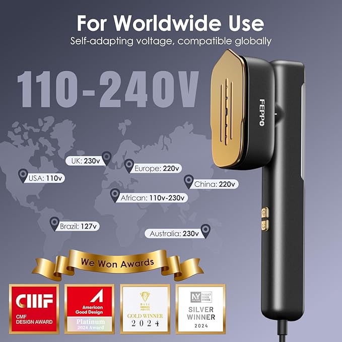 FEPPO Travel Steamer for Clothes, 110-240V Dual Voltage Portable Mini Steamer & Iron 2in1, 1100W Powerful Garment Steamer, Fast Heat Up, Travel Size, HD Display, for Home & Global & Europe Travel-BrightBean Baby