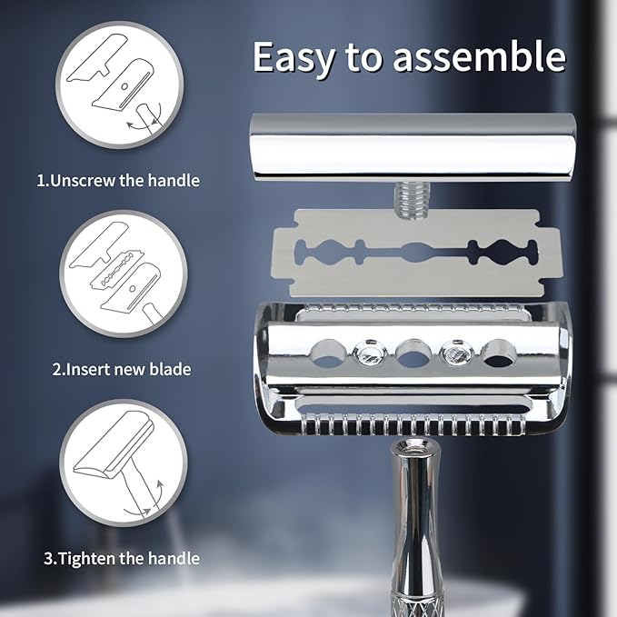 Shiny Silver Double Edge Safety Razor, Single Blade Razors for Men and Women, with 10 Stainless Steel Safety Razor Blades, Reusable, Smooth and Close Wet Shaving Kit, Plastic Free-BrightBean Baby