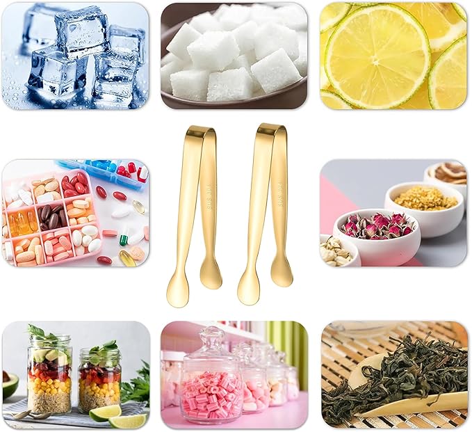 8PCS Gold Mini Metal Tongs, 4.3" Stainless Steel Tiny Tong, Small Kitchen Accessories for Serving Food, Ice, Sugar Cube, Salad, Toaster, Desserts