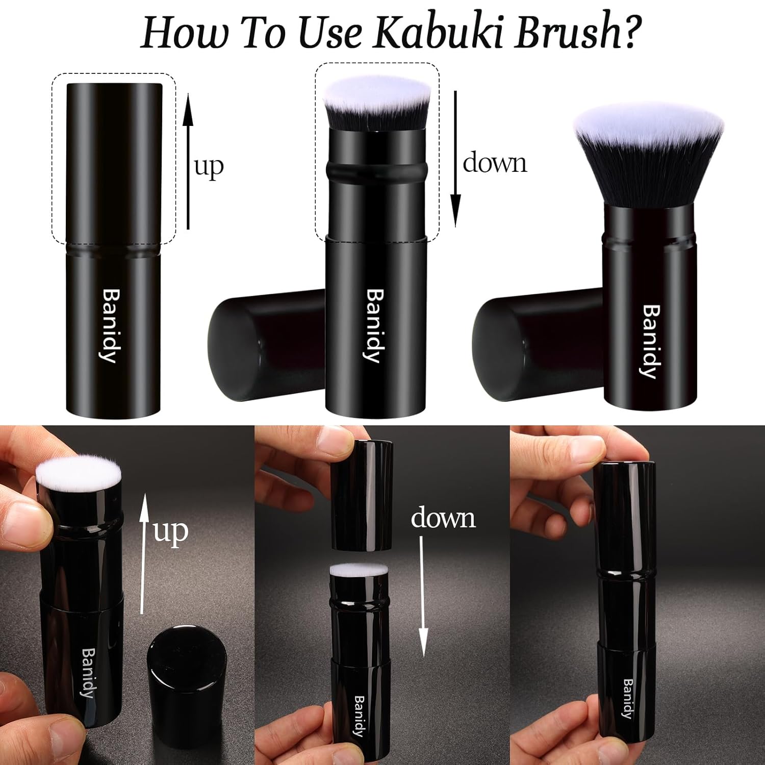 Makeup Brush Kabuki Face Brushes Retractable Travel Blush Brush Portable Flawless for Foundation, Powder Blush, Bronzer, Buffing, Liquid, Cream, Cruelty Free with Cover(Flat-Head)-BrightBean Baby