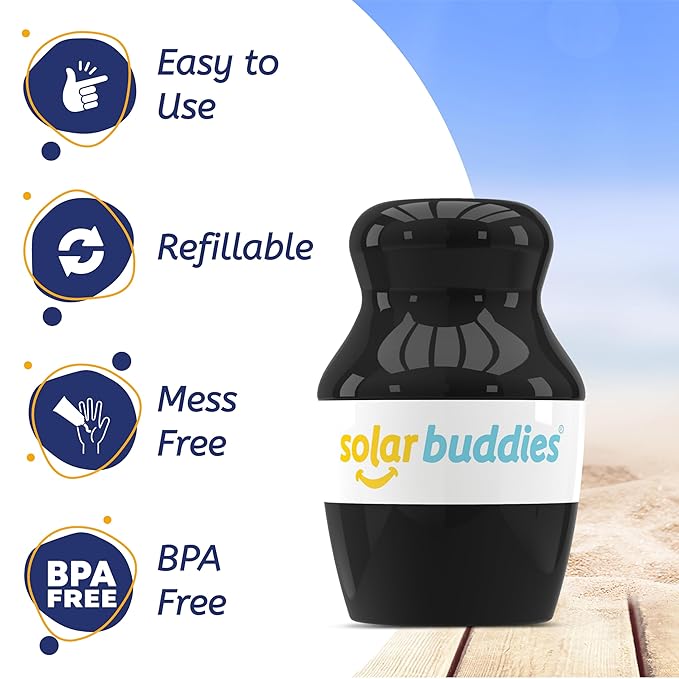 Solar Buddies Sunscreen Applicator - Single Black - Refillable Roll on Sponge Sunscreen, Suncream & Lotion Applicator For Kids, Adults & Families - Holds 3.4fl oz, Perfect Size for Travel-BrightBean Baby