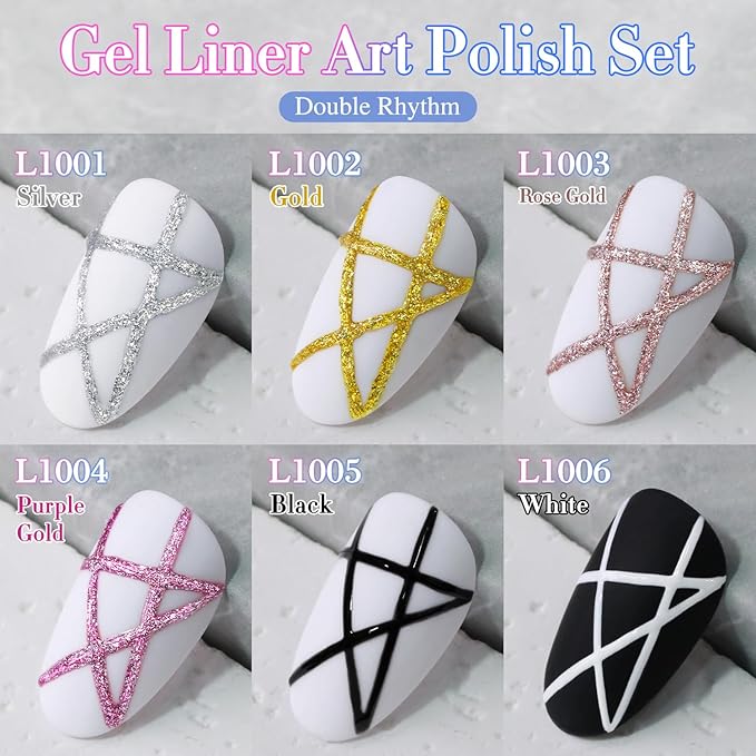 Double Rhythm 6 Pcs 15 ML Gel Liner Polish Nail Art Set Chrome Metallic Glitter Soak Off Gel Polish Kit Nail Art Manicure Salon DIY at Home for Women (Gold Silver Black White-T6-52)-BrightBean Baby