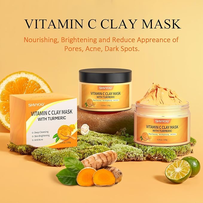 Vitamin C Face Mask with Kaolin Clay and Turmeric for Dark Spots, Dull Skin, Skincare Facial Mask for Controlling Oil and Refining Pores 5.29 Oz-BrightBean Baby