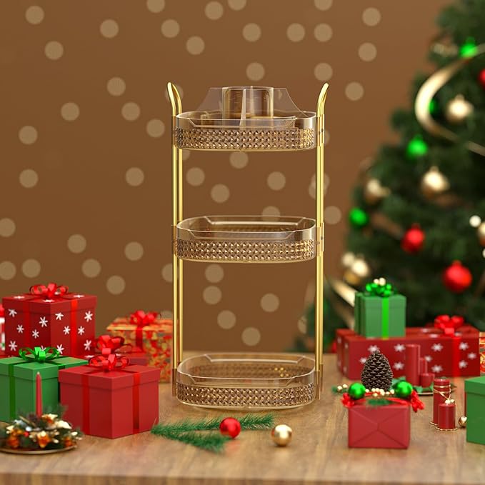 Awenia Rotating Makeup Organizer 360, Stackable Adjustable Large Capacity Cosmetic Storage Unit,Dresser Bathroom Kitchen Countertop Organizer with Metal Handle, Plus Size (Honorable Gold, 3 Tier)-BrightBean Baby