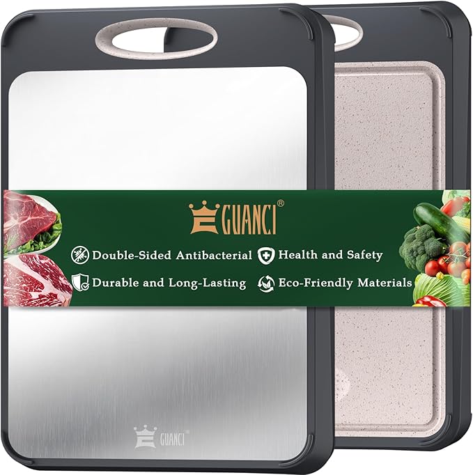 GUANCI Cutting Board for Kitchen, Stainless Steel Cutting Board Double Sided for Chopping Meat/Vegetables, Stainless Steel/Wheat Straw PP, Kitchen Gifts Easy to Clean Large 16”×11”