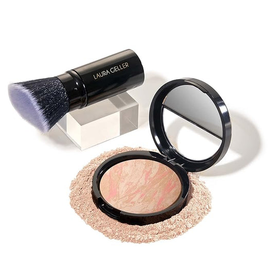LAURA GELLER NEW YORK Baked Balance-n-Brighten Foundation with Kabuki Brush Makeup Set, Porcelain-BrightBean Baby