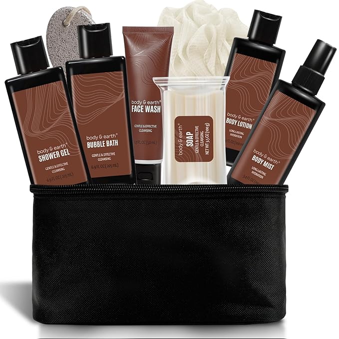 Bath and Body Gift Baskets for Men Body & Earth Sandalwood Mens Bath Set with Body Lotion, Face Wash, Shower Gel, Bubble Bath, Loofah & More, Gift Set for Men,regalos para hombre,Christmas Gifts-BrightBean Baby