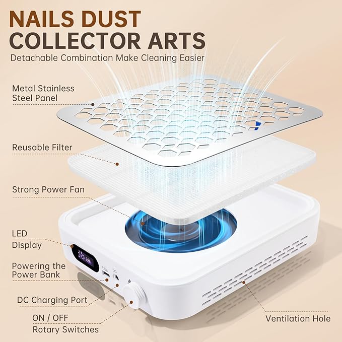 Nail Dust Collector, Rechargeable Dust Collector Nail Tech, Powerful Vacuum Fan Vent Dust Collector Extractor Dust Suction Machine for Acrylic Nails Polishing, Nail Salon&Home-BrightBean Baby