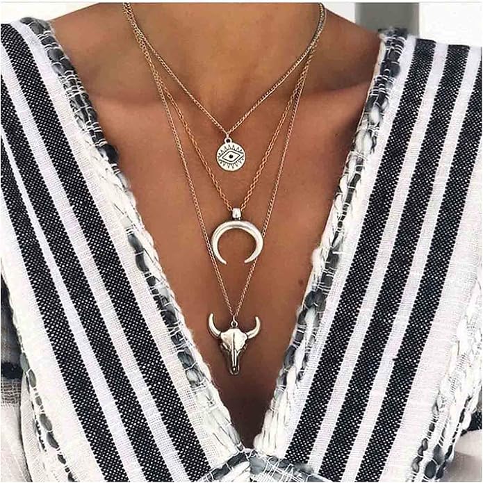 Boho Layered Moon Necklace Silver Compass Disc Pendant Necklace Chain Cow Evil Eye Charm Necklace Jewelry for Women-BrightBean Baby