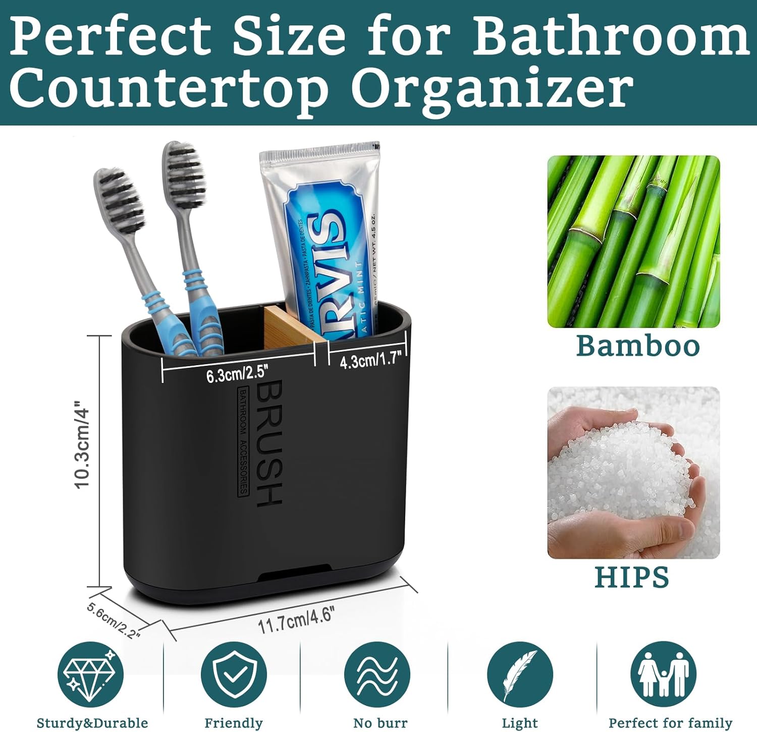 Toothbrush and Toothpaste Holder with Bamboo Divider for Bathroom Countertop Organizer, Detachable for Easy Clean, 2 Slots Electric Toothbrush Holders Storage Caddy Drainage for Family-Black-BrightBean Baby