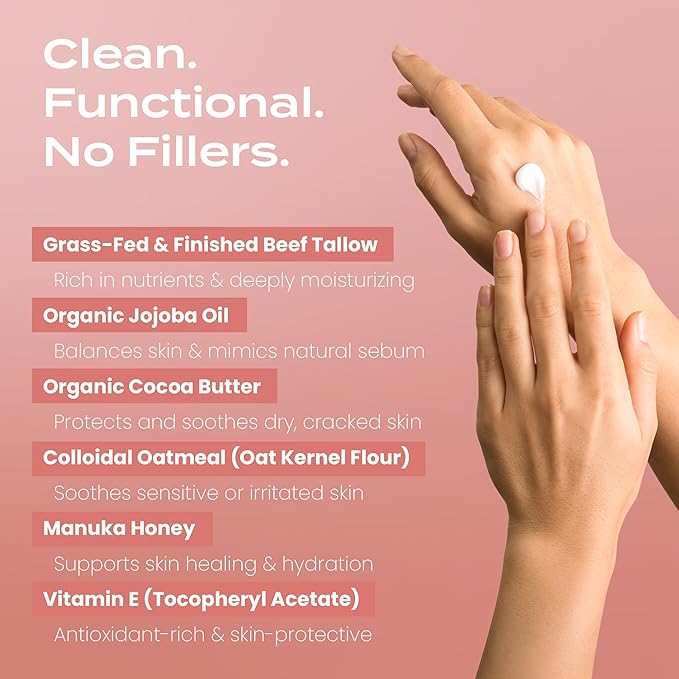 Body Restore Grass Fed Whipped Beef Tallow for Skin, Face, Body, Dry Skin - with Manuka Honey, Jojoba Oil, Birthday Gifts for Women, Men, Travel Essentials, Self Care - Citrus-BrightBean Baby