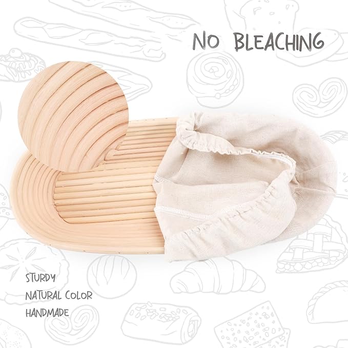 14.5inch Oval Bread Dough Proofing Rising Rattan Basket & Liner Combo for Professional & Home Baking (2 basket & 2 liner)