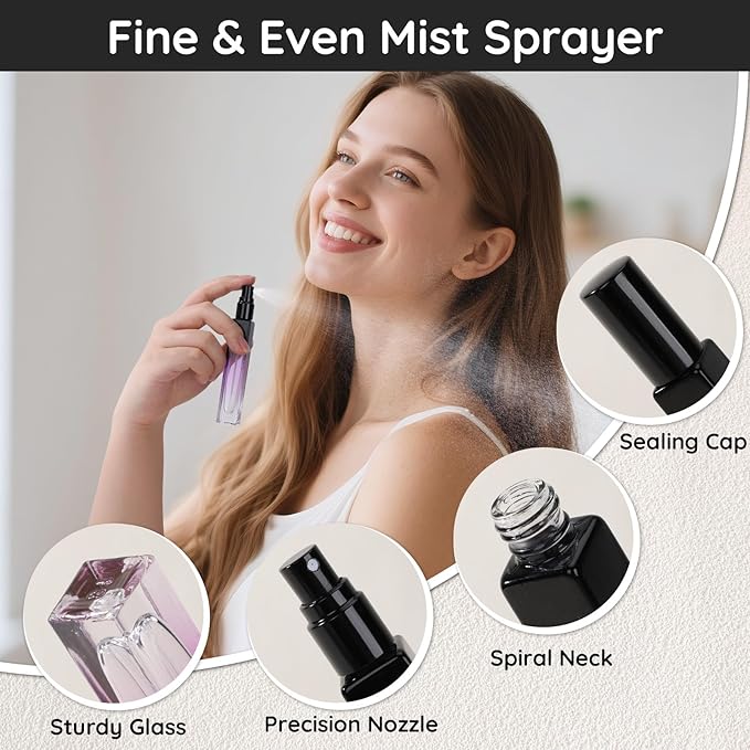 Segbeauty 0.34oz Mini Travel Spray Bottle, 10Pcs Glass Refillable Atomizer Spray Bottle for Perfume, 10ml Empty Perfume Atomizer Fine Mist, Portable Travel Cologne Sprayer with Refill Tool-BrightBean Baby