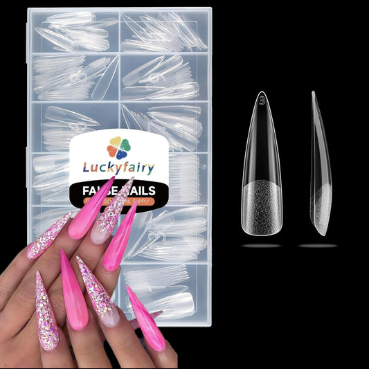 Stiletto Nail Tips Extra Long 240Pcs Pre-shaped Full Cover Fake Nail Tips No Filed Soft Gel Stiletto Acrylic Nails for Soak Off Nail Extension Nail Art DIY 12Sizes-BrightBean Baby