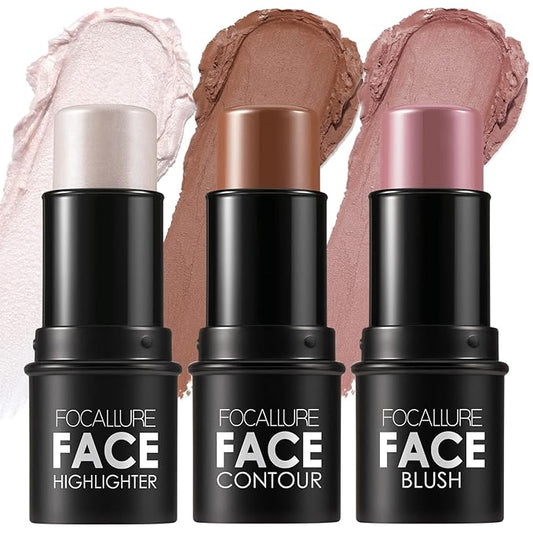 FOCALLURE 3 Pcs Cream Contour Sticks,Shades with Highlighter & Bronzer & Blush,Non-greasy Long-wear Face Contouring Pen,Easy to Sculpt the Face and Create a Lightweight Finishing Makeup,UNIVERSAl-BrightBean Baby