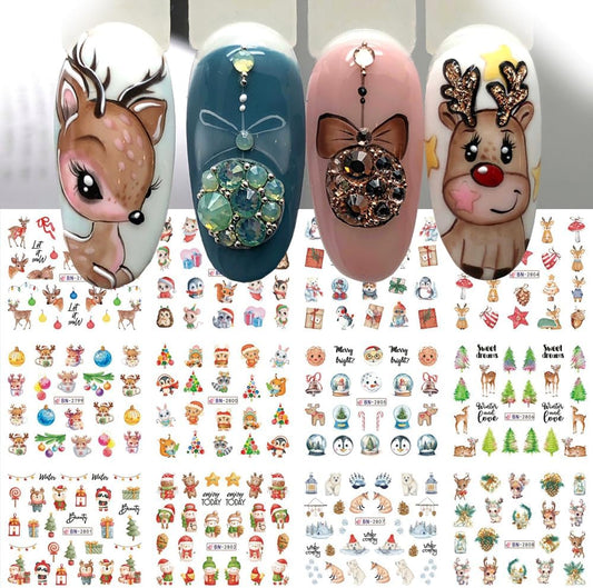 Christmas Nail Art Stickers Decals Snowflake Water Transfer Slider Nail Foils for Christmas Nail Art Supplies Cartoon Santa Claus Elk Gift Polar Bear Winter Design DIY Manicure Tips Stickers for Nails-BrightBean Baby