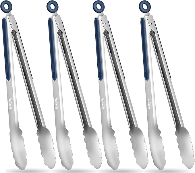 Tongs for Cooking, 12-Inch Stainless Steel Kitchen Tongs, Locking Metal Food Tongs with Silicone Non-Slip Grip, Kitchen Utensils for Food, Salad and Outdoor BBQ, Set of 4 (Midnight Blue)