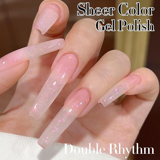 Double Rhythm Gel Polish Translucent Sheer Neutral Natural Light Milky Same Color Same Bottle 15ML Jelly Polish Art DIY at Home (Milky Pink Glitter-A1379)-BrightBean Baby
