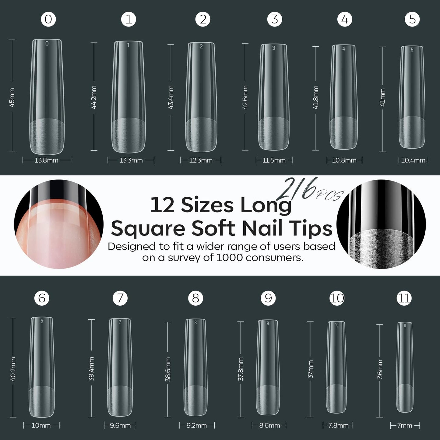 modelones XXL Long Square Nail Tips, Pre-shaped Soft Gel Tips Fake Nails False Acrylic Clear Full Cover Press on Extension Kit Gel Manicure DIY at Home 216PCS 12Sizes-BrightBean Baby