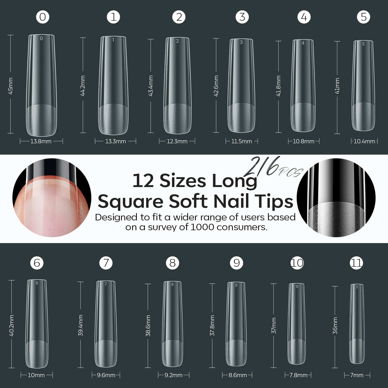 modelones XXL Long Square Nail Tips, Pre-shaped Soft Gel Tips Fake Nails False Acrylic Clear Full Cover Press on Extension Kit Gel Manicure DIY at Home 216PCS 12Sizes-BrightBean Baby