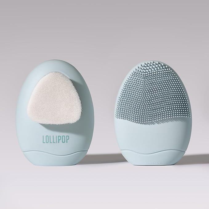 LOLLIPOP Dual-Sided Facial Cleansing Brush | Palm Size Silicone Face Exfoliator and Soft Fiber Cleanser | Manual Face Scrubber for Pores, Makeup Removal, Blackhead and Skincare Routine, Oceanic-BrightBean Baby
