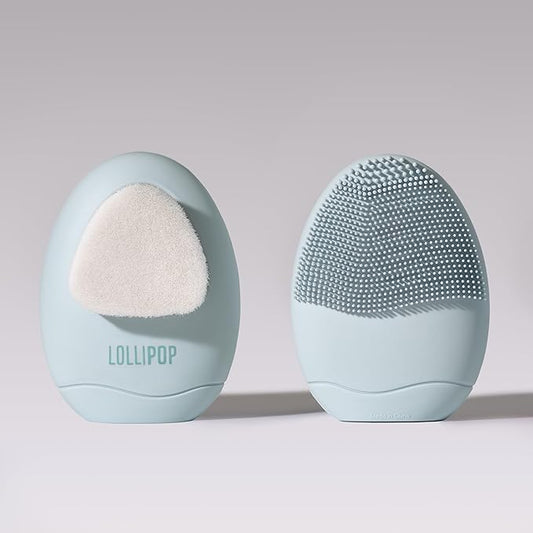 LOLLIPOP Dual-Sided Facial Cleansing Brush | Palm Size Silicone Face Exfoliator and Soft Fiber Cleanser | Manual Face Scrubber for Pores, Makeup Removal, Blackhead and Skincare Routine, Oceanic-BrightBean Baby