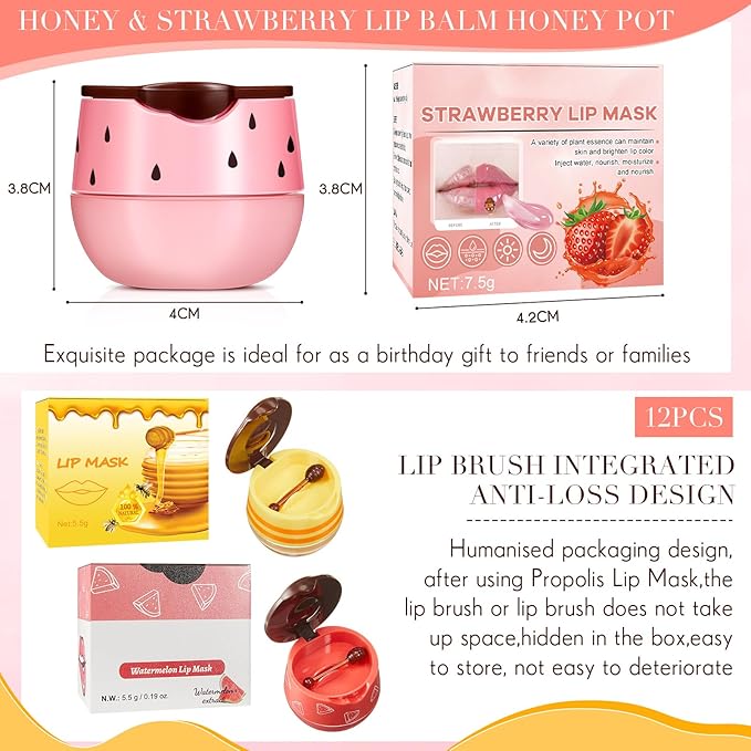 12 Pcs Bee Lip Balm Honey Pot with Brush Propolis Lip Mask Overnight, Moisturizing Hydrating Lip Sleeping Mask Prevention Dry and Cracked(Honey+Strawberry+Watermelon)-BrightBean Baby
