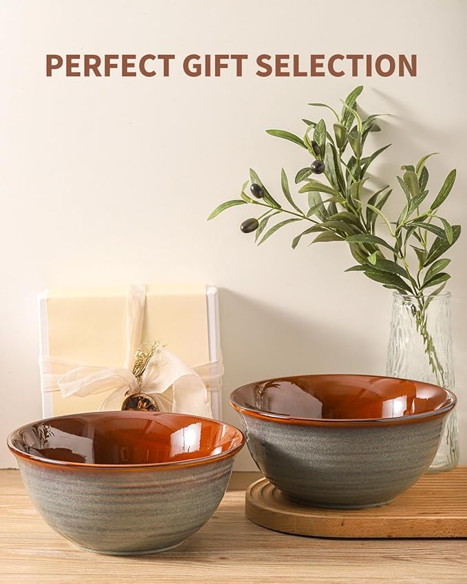 Hasense Serving Bowls, 84 Ounce Ceramic Serving Dishes for Salad Pasta Soup Pho, 9 Inch Mixing Bowls for Baking, Cooking, Kitchen, Party，Dinner, Microwave Dishwasher Safe, Set of 2, Light Grey