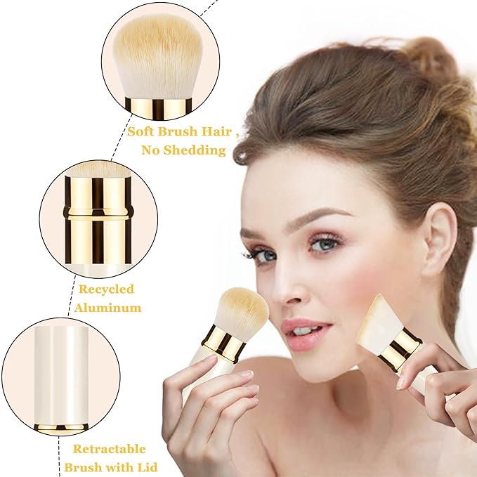 Makeup Brush, Retractable 2 Pack Travel Kabuki Powder Makeup Brush, Foundation Face Blush Brushes for Blending Liquid, Blush, Bronzer, Buffing, Sunscreen,Flawless Cosmetics-BrightBean Baby