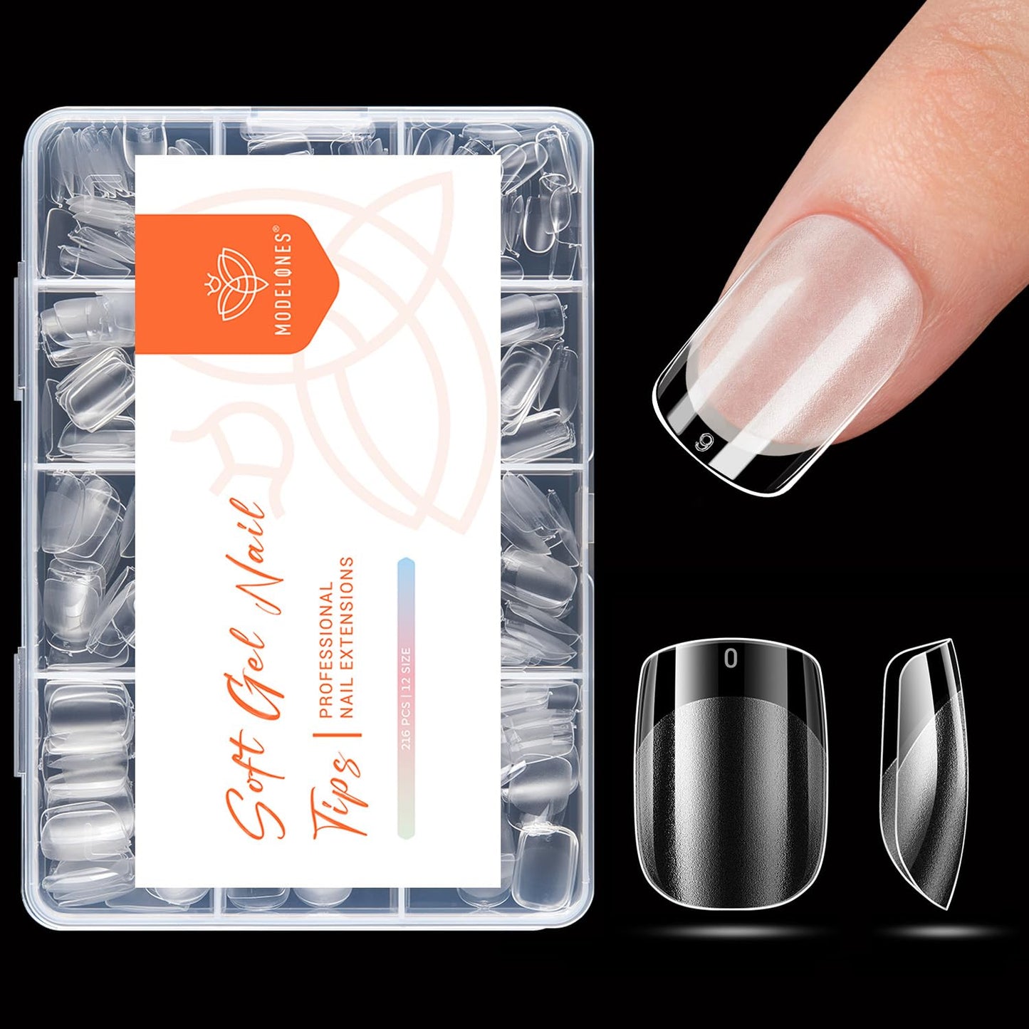 modelones Extra Short Square Nail Tips, Pre-shaped Soft Gel Tips Fake Nails False Acrylic Clear Full Cover Press on Extension Kit Gel Manicure DIY at Home 216PCS 12Sizes-BrightBean Baby