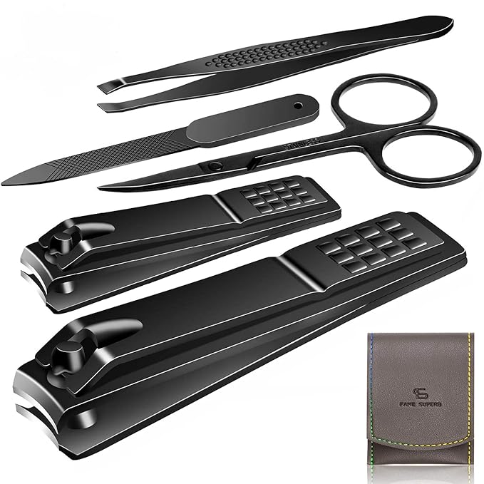 Manicure Pedicure Kit Nail Clippers Set Fingernails & Toenails Vibrissac Scissor 5 Pieces Best Care Tools for Man & Women with Travel Case (Gray/Black_A) (Gray/Black_A)-BrightBean Baby