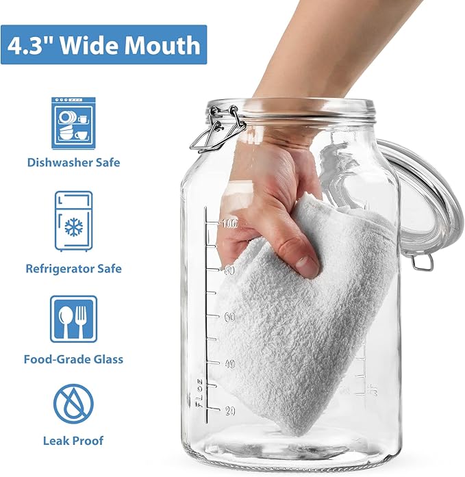 1 Gallon Super Wide Mouth Glass Storage Jars with Airtight Lids and 2 Measurement Marks, Leak Proof Glass Container with Hinged Lids, Large Pickle Jars with Labels and Silicone Gasket, 2 Pack