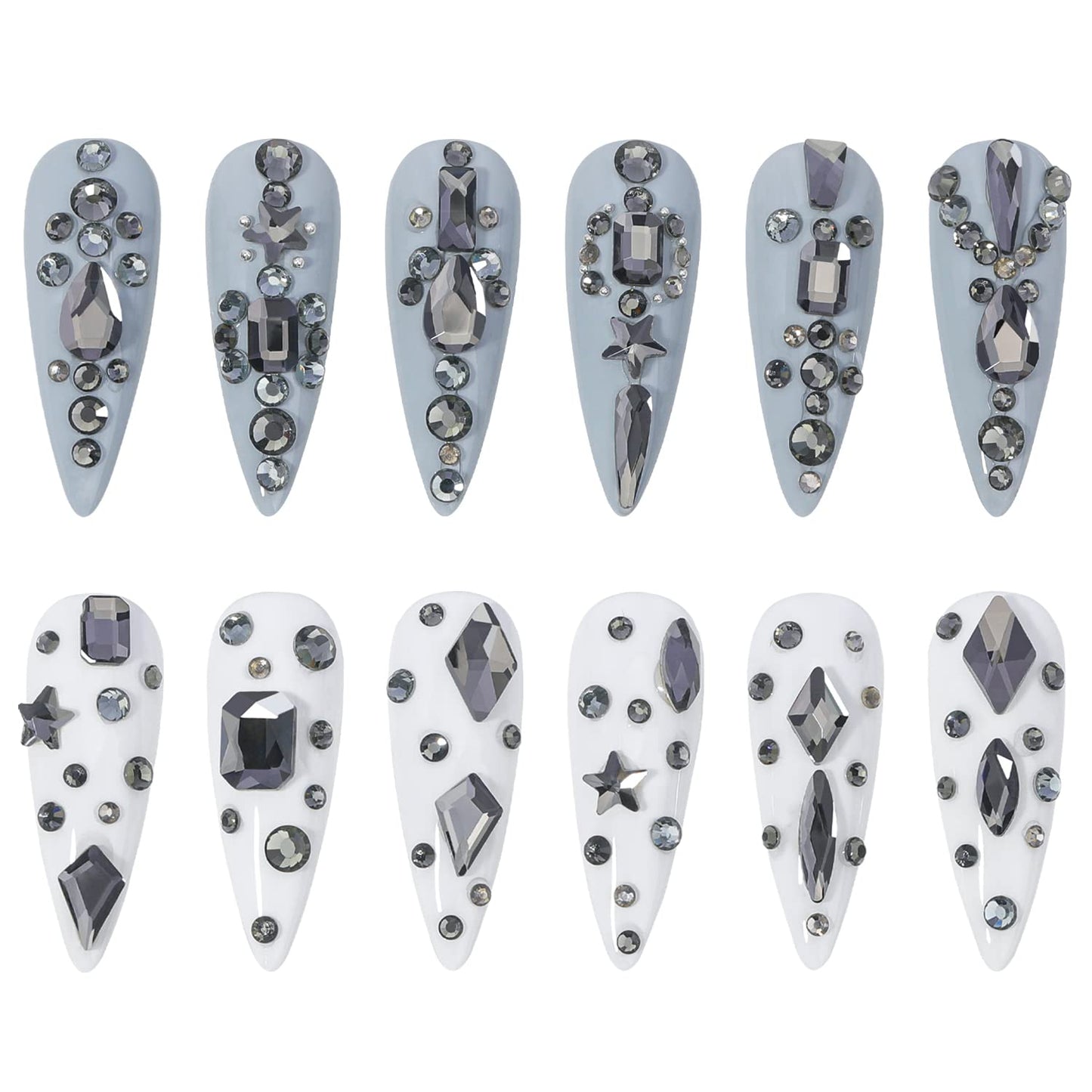 HNUIX Nail Rhinestones - 3D Multi Shape Size Crystal, Transparent Gray Nail Gems, Flat Back, with Kit, for Nail Art, DIY Decorations-BrightBean Baby