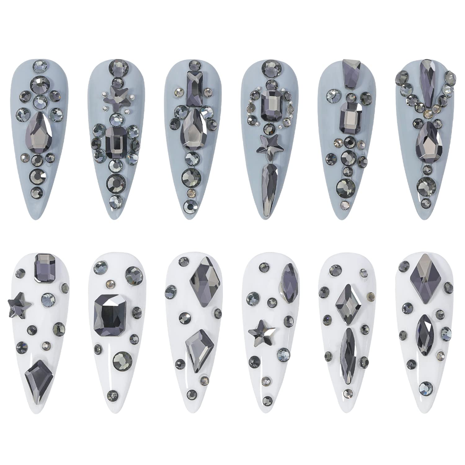 HNUIX Nail Rhinestones - 3D Multi Shape Size Crystal, Transparent Gray Nail Gems, Flat Back, with Kit, for Nail Art, DIY Decorations-BrightBean Baby