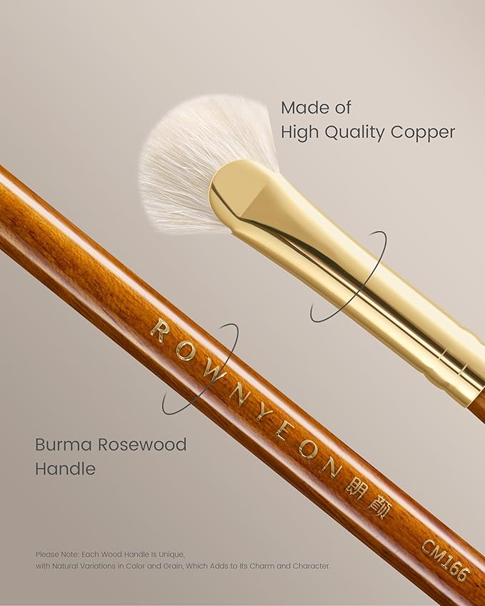 Desert Oak Series Mini Fan Brush - Ultra-Fine Goat Hair for Precision Highlighting, Flat Fan Shape Targets Cheekbones/Nose Bridge, Ebana Bubinga Handle & Brass Ferrule (CM 166)-BrightBean Baby