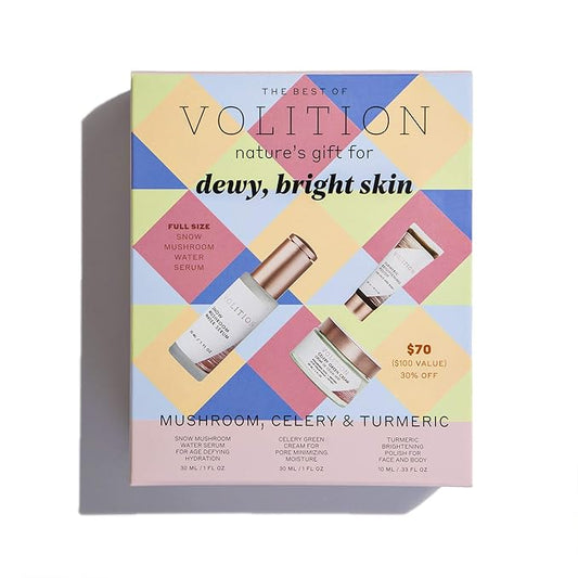Volition Beauty Dewy Skin Kit Bundle with Celery Green Cream, Snow Mushroom Water Serum, Turmeric Brightening Polish | Age-Defies, Minimizes Pores & Brightens | Vegan, Paraben-Free & Cruelty-Free-BrightBean Baby