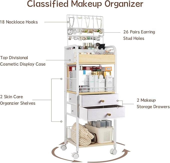 YGJT Makeup Organizer, Floor Skincare Cosmetics Organizer with Drawers, Jewelry Organizers and Storage for Earring Necklace, Vanity Organizer for Skin Care Perfume Makeup Brush Nail Polish Hair Tool-BrightBean Baby