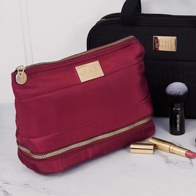 LAURA GELLER NEW YORK Quilted Makeup Bag with Brush Case, Burgundy - Toiletry Bag Organizer for Travel - Large Capacity Full Size Makeup Bag - Easy to Clean-BrightBean Baby
