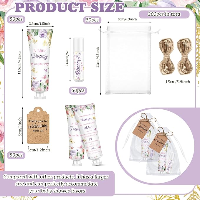 50 Sets 200 Pcs Baby Shower Hand Lotion and Lip Balm Gift Theme Baby Shower Party Favors Travel Size Hand Lotion and Lip Balm Bulk with Organza Bags Tags(Butterfly)-BrightBean Baby