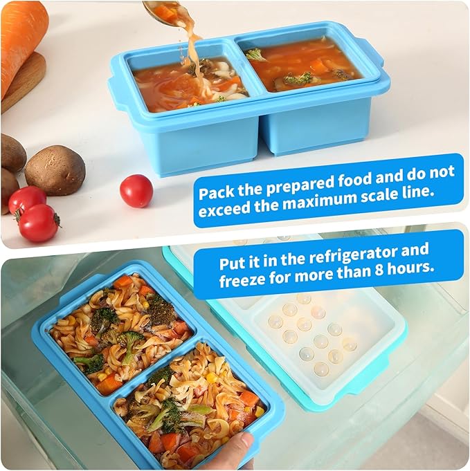 1 Cup Silicone Freezer Tray Ice Cubes with Lids and Date Mark for Storing Lasagna Leftovers Sauces Portioned Meals and More, Silicone Soup Freezer Molds for Meal Prepping 2 Pack Blue