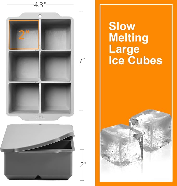 Nax Caki Large Ice Cube Tray with Lid, Stackable Big Silicone Square Ice Cube Mold for Whiskey Cocktails Bourbon Soups Frozen Treats, Easy Release BPA Free