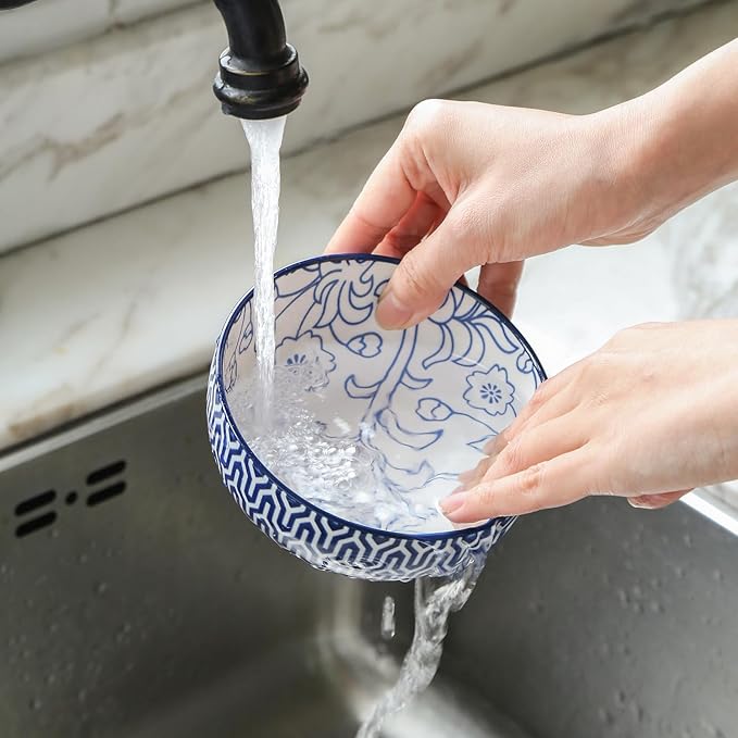 Selamica Ceramic 12 OZ Dessert Bowls Set, Ice Cream Bowls, 4.7 Inch Small Bowls for Snack, Side Dishes, Rice, Microwave Dishwasher Safe, Set of 6, Vintage Blue