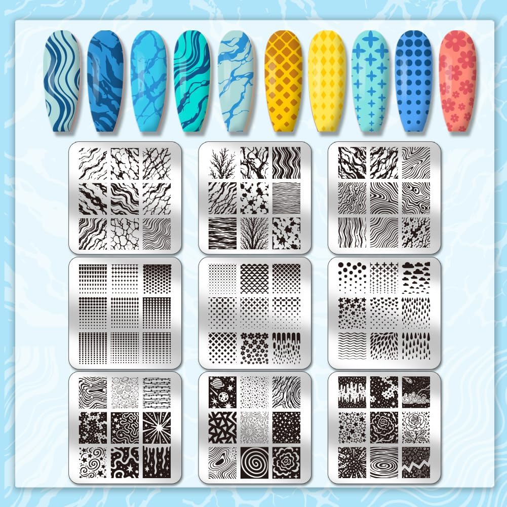 PH PandaHall 9pcs Marble Texture Nail Stamping Plates Line Graffiti Nail Art Designs Gradient Pattern Manicure Art Templates with Stamper and Scraper for Women DIY Manicures Salon Printing-BrightBean Baby